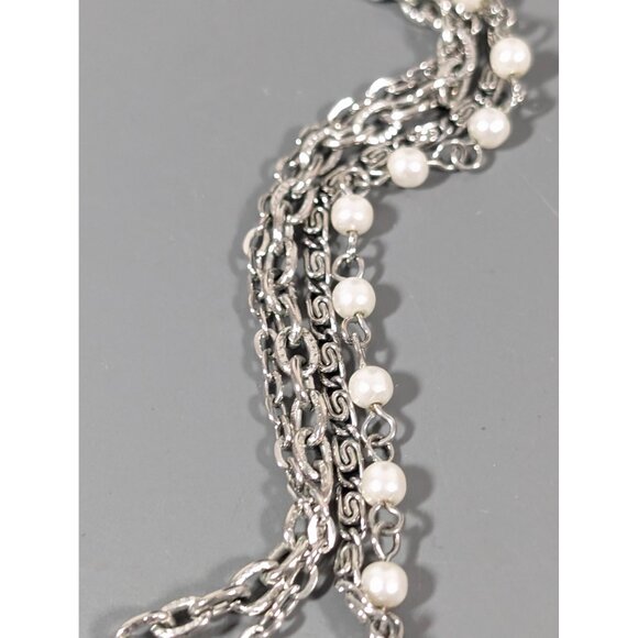 Vintage Paradise Silver TOne Multi Chain Faux Pearl Layered Necklace 28" - Picture 4 of 8